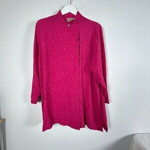 Yi Lin Womens Pink Textured Mandarin Collar Silk Shirt Blouse Size 1X Button Up